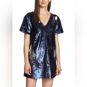 1.STATE Blue & Silver Short Sleeve Party Cocktail Sequin Shift Dress Small